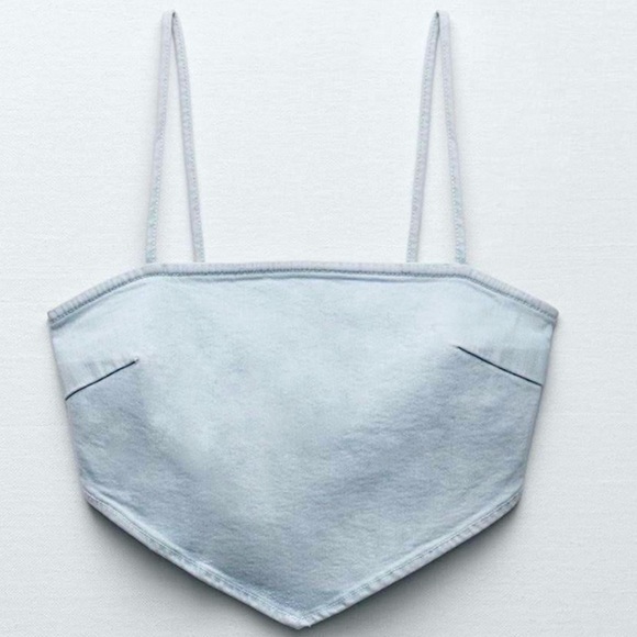 Zara Light Wash Denim Jean Bandana Crop Casual Stretch Tank Top Size Small NWT - Picture 2 of 10